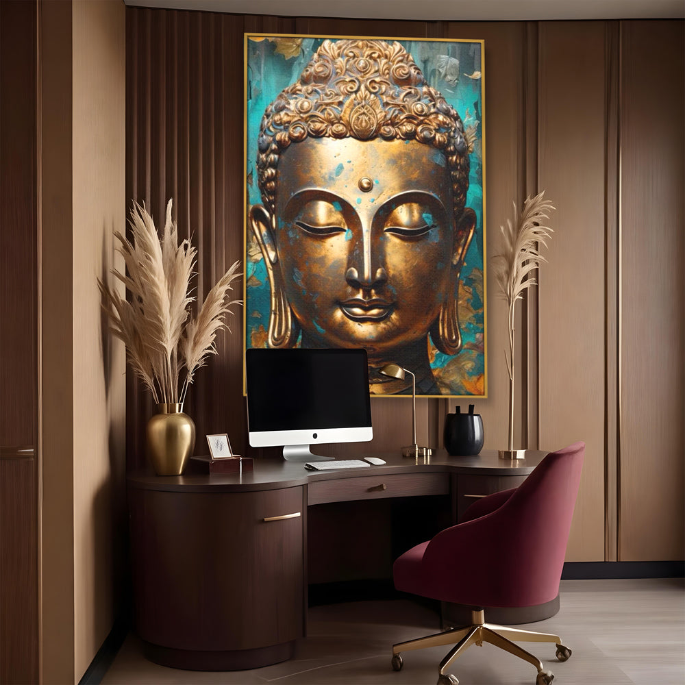 Tablou canvas cu tablou canvas cu capul lui buddha aurit, in rama de aluminiu auriu, pe perete intr-un birou